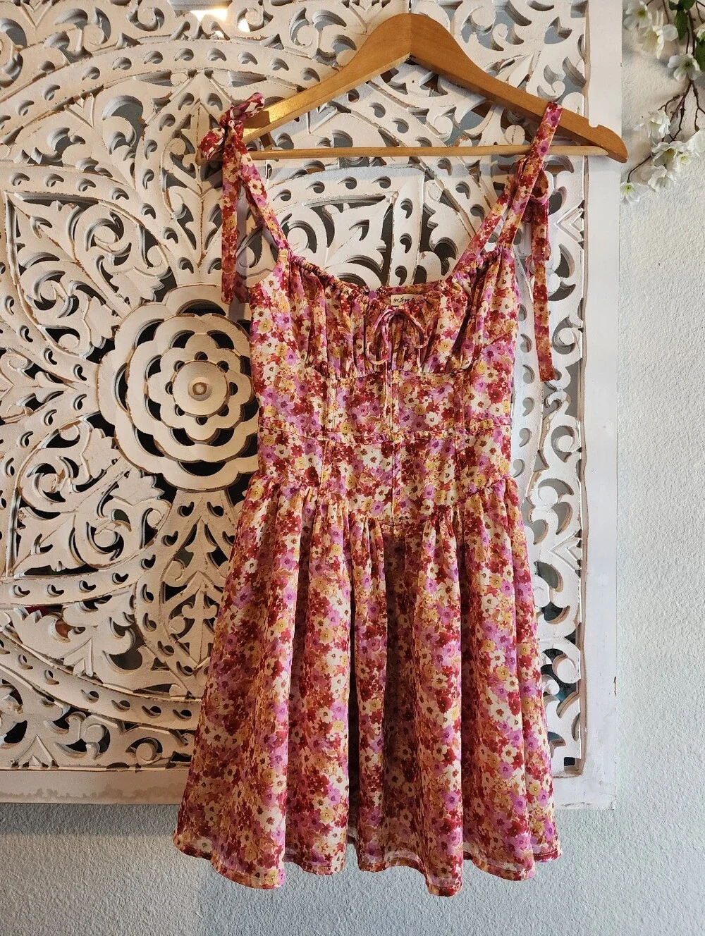 FOR LOVE & LEMONS FELICIA MINI DRESS RED YELLOW SWEETHEART NECKLINE WOMENS XS - Picture 4 of 16